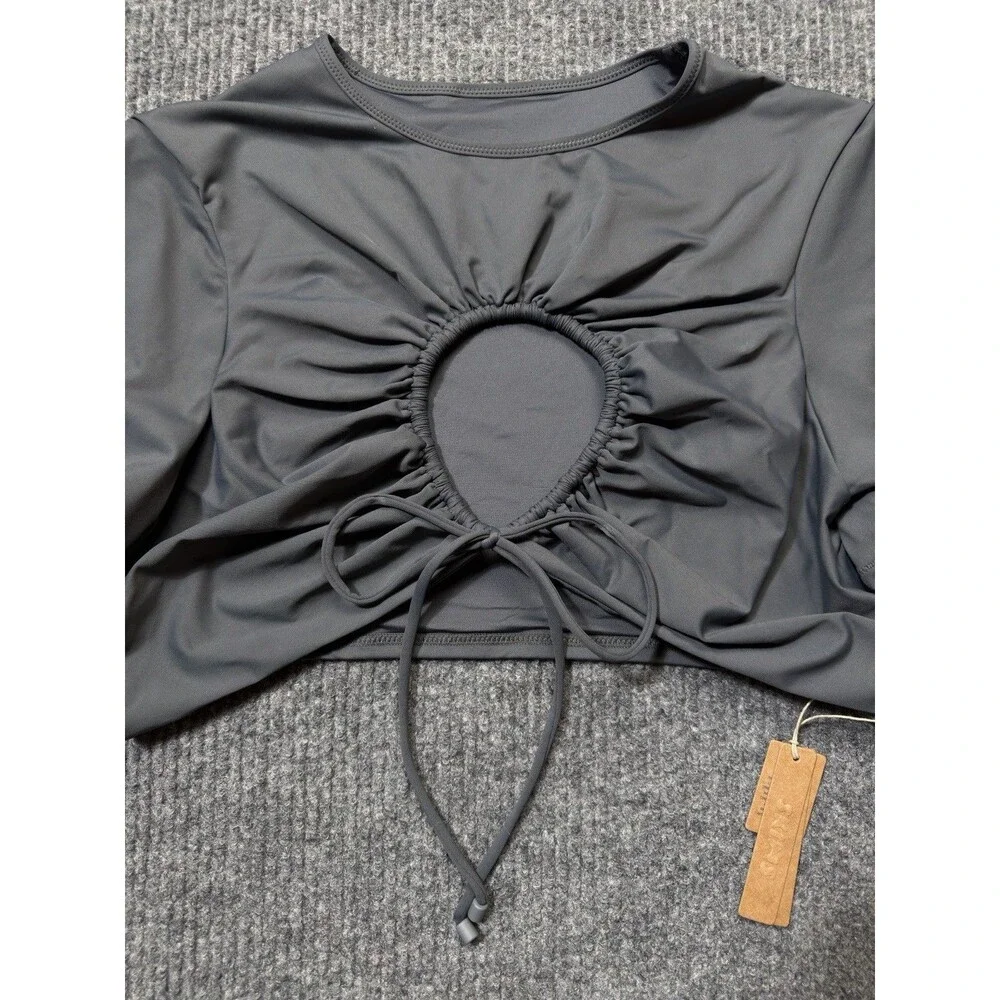 Skims Recycled Swim Size 4X Ruched T-Shirt Crop Top Keyhole Front Gunmetal Gray